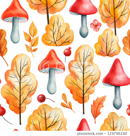 Watercolor autumn forest pattern with red mushrooms yellow leaves and berries on white background for seasonal design Watercolor autumn forest pattern with red mushrooms yellow leaves and berries on white background for seasonal design 129786280