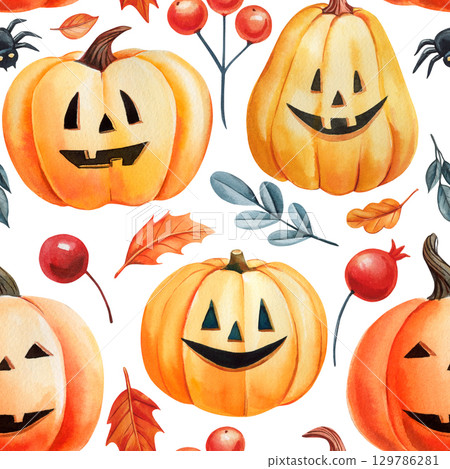 Watercolor pumpkin pattern with jackolanterns autumn leaves berries and spiders on white seasonal background for design Watercolor pumpkin pattern with jackolanterns autumn leaves berries and spiders on white seasonal background for design 129786281