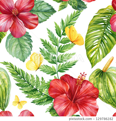 Red hibiscus flowers with green palm leaves and yellow butterflies watercolor tropical floral blossoms seamless pattern for design 129786282
