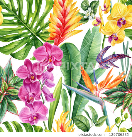 Tropical orchids bird of paradise and colorful exotic leaves watercolor seamless floral botanical pattern. Aloha design 129786285