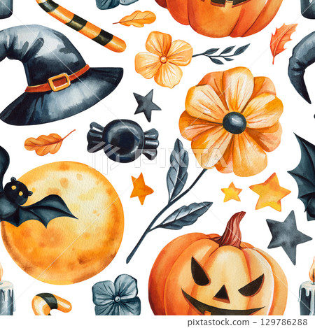 Autumn Watercolor Seamless pattern with witch hat pumpkin moon bat candy stars and flowers on white festive background 129786288