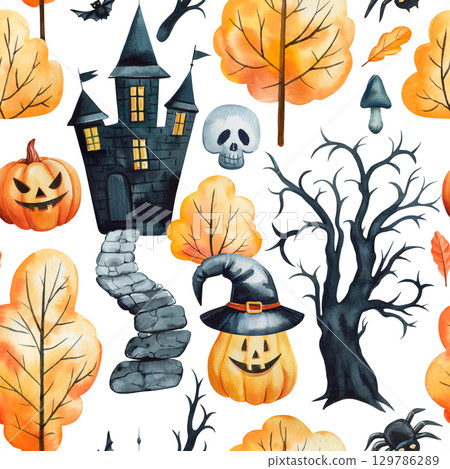 Watercolor haunted house pattern with pumpkins trees skulls bats and witch hats on white spooky background 129786289