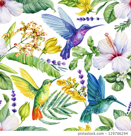 Hummingbirds with tropical hibiscus orchids banana leaves and lavender watercolor seamless exotic floral pattern design 129786294