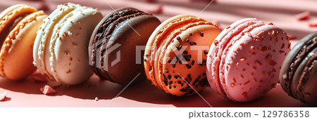 Colorful macarons arranged in a row on a pink background showcasing delightful textures and flavors Colorful macarons arranged in a row on a pink background showcasing delightful textures and flavors 129786358