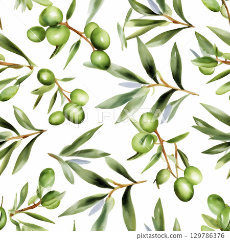 Seamless pattern featuring vibrant green olive branches with leaves on a white background, ideal for textile design, wallpaper, and creative projects Seamless pattern featuring vibrant green olive branches with leaves on a white background, ideal for textile design, wallpaper, and creative projects 129786376