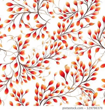 Seamless pattern featuring vibrant red and orange leaves intertwined with delicate branches on a clean white background, perfect for textile design and creative projects 129786378