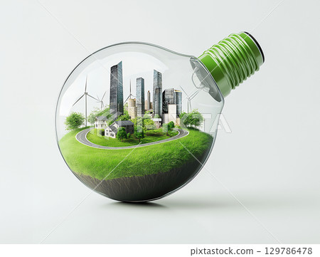 Future city and eco-energy inside a light bulb 129786478