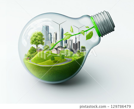 Future city and eco-energy inside a light bulb 129786479