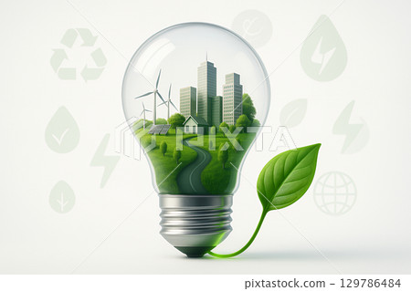 Future city and eco-energy inside a light bulb 129786484