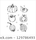 Hand-Drawn Vegetables Sketch Set of Pumpkin, Tomato and Onion 129786493
