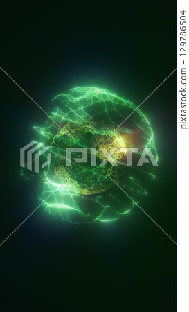 Abstract glowing green sphere with electric patterns, radiating light in a dark space Abstract glowing green sphere with electric patterns, radiating light in a dark space 129786504