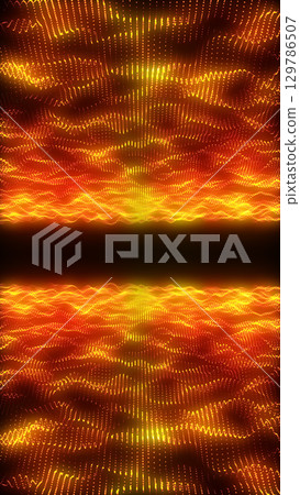 Abstract glowing waves of orange and yellow particles forming symmetrical digital patterns 129786507