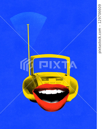 Contemporary collage. Red lips on yellow radio with antenna broadcasting on blue background 129786609
