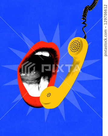 Trendy composition. Red lips shouting into yellow retro phone on blue background 129786612