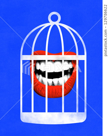 Contemporary collage. Red lips trapped in birdcage on blue background 129786622