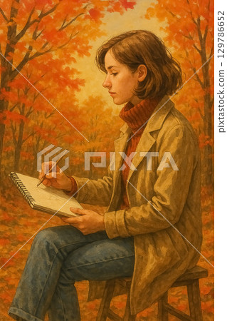 A woman concentrating on sketching among autumn leaves 129786652