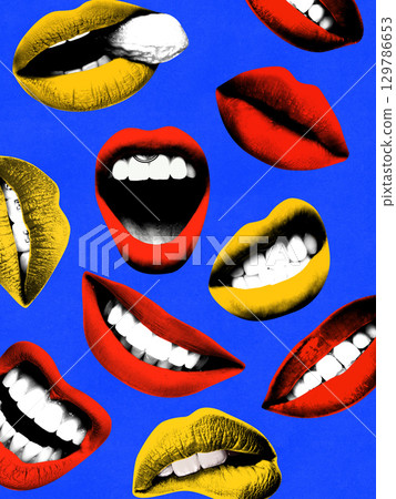 Digital artwork. Multicolored lips on blue background symbolizing passion, style and provocative energy 129786653