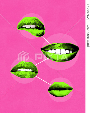 Neon collage of green lips collage on pink background symbolizing expression and beauty communication Neon collage of green lips collage on pink background symbolizing expression and beauty communication 129786675