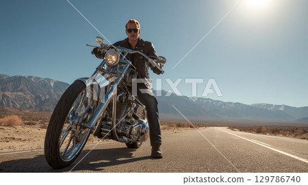 Confident biker on chrome motorcycle in desert, ride towards freedom and adventure 129786740