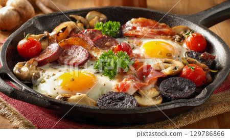 Traditional English breakfast with eggs, bacon, sausages, mushrooms and tomatoes in a cast iron pan 129786866
