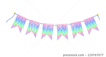 Festive Pennant Garland on rope in trendy soft shades. Colorful Holiday or Birthday Design element 129787077
