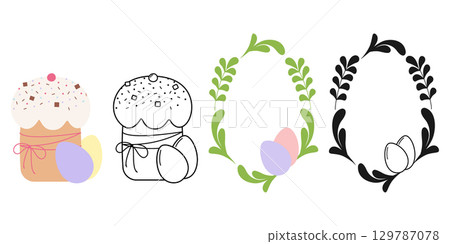 Easter cake and Eggs and Twigs and Easter Eggs like Oval Frame Copy space Template Color and Outline 129787078
