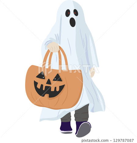 Cute white ghost with pumpkin bag perfect for Halloween designs for kid  books, and magical themed artwork. Cute white ghost with pumpkin bag perfect for Halloween designs for kid  books, and magical themed artwork. 129787087