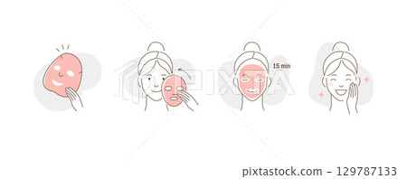 Beauty Girl Take Care of her Face and Use Facial Sheet Mask. Adorable Woman Making Skincare Procedures. Skin Care Routine, Hygiene and Moisturizing Concept 129787133