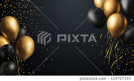 背景框架兩側有黑色和金色氣球和五彩紙屑 129787145