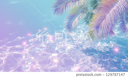Tropical summer background with pastel colored water surface and shining palm leaves Tropical summer background with pastel colored water surface and shining palm leaves 129787147