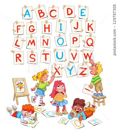 Kids draw English alphabet with colored pencils. Colorful cartoon characters 129787308