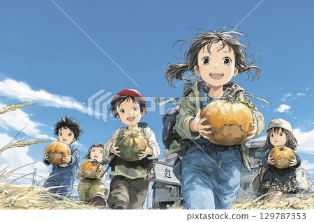 孩子們扛著南瓜 孩子們扛著南瓜 129787353