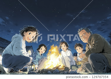 秋夜一家人圍坐在營火旁的場景 129787354