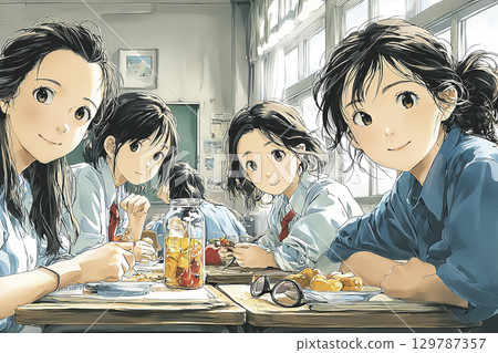 High school girls sharing autumn sweets in the classroom 129787357