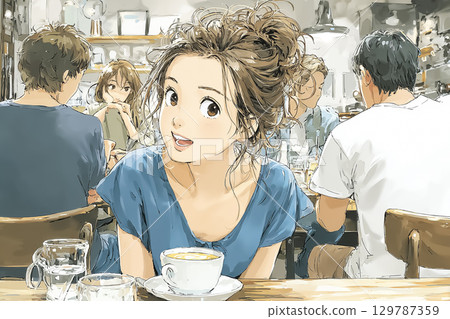 Miyu Series: A scene of a young woman chatting with a friend at a cafe Miyu Series: A scene of a young woman chatting with a friend at a cafe 129787359