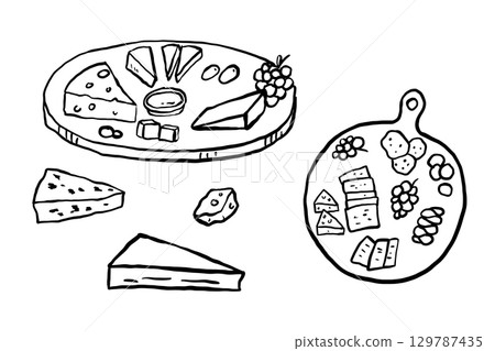 Appetisers doodle drawings set. Cheese on plate. Slow living concept, illustrations, charcuterie 129787435