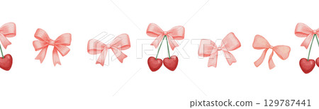 Seamless border with coquette bow and cherry, watercolor hand drawn illustrations Seamless border with coquette bow and cherry, watercolor hand drawn illustrations 129787441