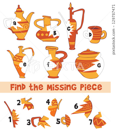 Find the Missing Piece. Fix the Amphora. Ancient pottery puzzle for kids 129787471