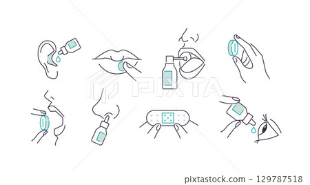 Taking medications concept set. Instruction how to use nasal spray, cold sores lips patch, eye and ear drops and other treatment Taking medications concept set. Instruction how to use nasal spray, cold sores lips patch, eye and ear drops and other treatment 129787518