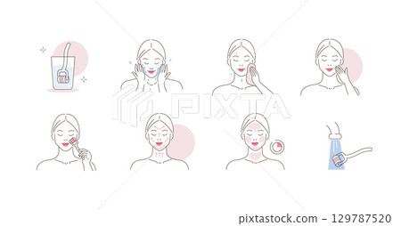Beauty girl take care of her face and doing mesotherapy procedure at home. Instruction how to use derma roller with microneedles 129787520
