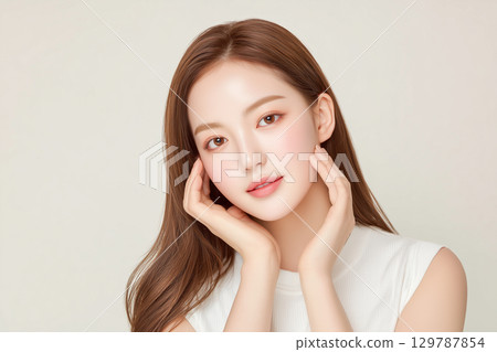 皮膚美麗的日本年輕女性的自然美照片（透明，白色背景） 129787854