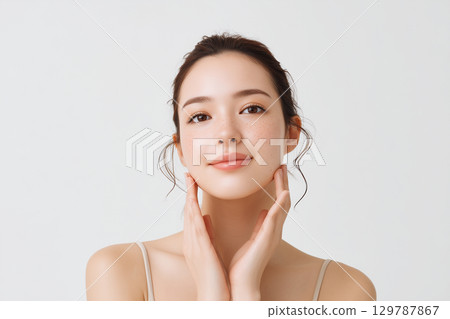 皮膚美麗的日本年輕女性的自然美照片（透明，白色背景） 129787867