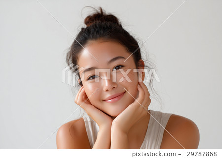 皮膚美麗的日本年輕女性的自然美照片（透明，白色背景） 129787868