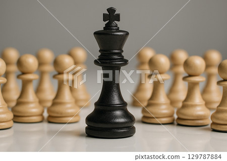 A black king chess piece stands tall in front of aligned pawns symbolizing authority and leadership in a structured formation A black king chess piece stands tall in front of aligned pawns symbolizing authority and leadership in a structured formation 129787884