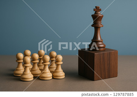 A dark brown king chess piece on a wooden cube with pawns below representing authoritative leadership recognition 129787885