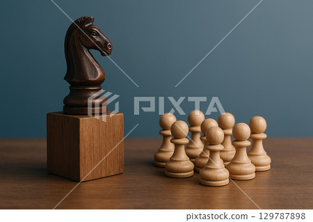 A black knight on a pedestal leading pawns symbolizing strategic, creative, and bold leadership A black knight on a pedestal leading pawns symbolizing strategic, creative, and bold leadership 129787898