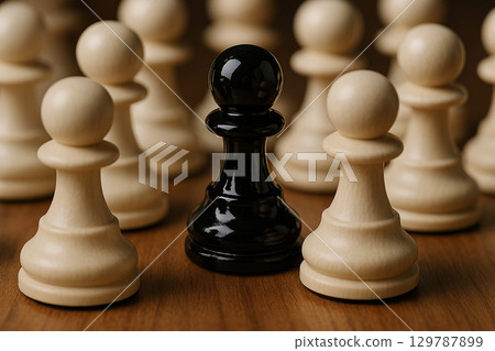 Black and white chess pieces arranged together symbolizing diverse leadership and inclusion in strategy Black and white chess pieces arranged together symbolizing diverse leadership and inclusion in strategy 129787899