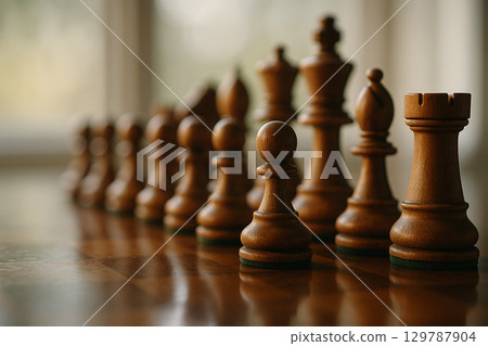 Brown wooden pawns lined together with a king in front representing steady guidance and traditional leadership order 129787904