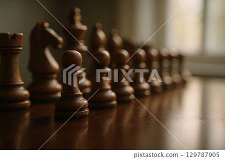 Side view of brown chess pawns lined together with a king in front representing steady guidance and traditional leadership order 129787905