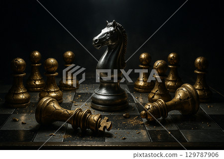 A black knight illuminated dramatically while pawns stand in order reflecting leadership, authority, and inspiring vision A black knight illuminated dramatically while pawns stand in order reflecting leadership, authority, and inspiring vision 129787906
